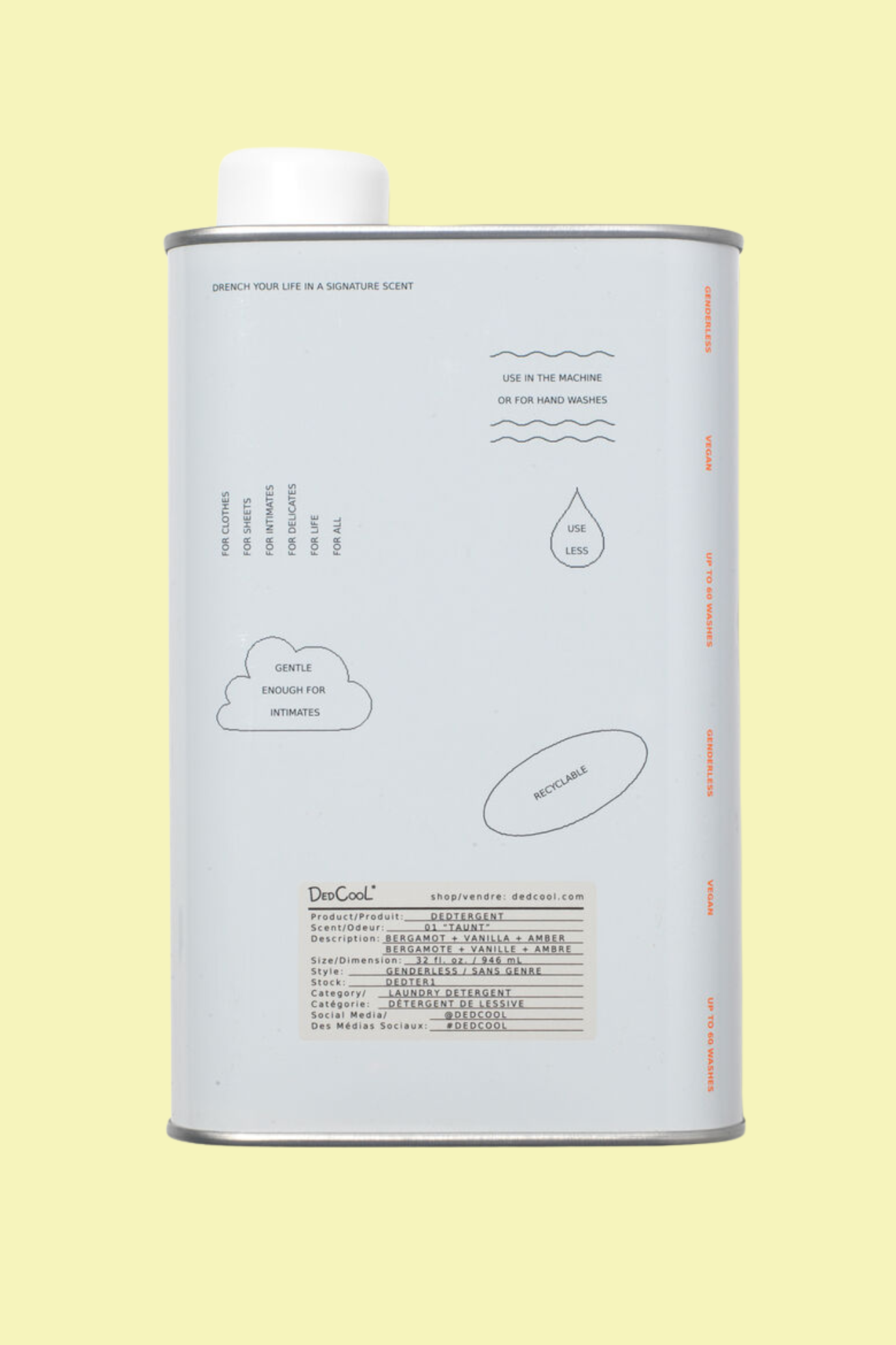 A tin of laundry detergent against a light yellow background