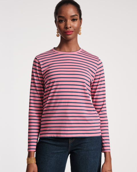 Long Sleeve Striped T Shirt - Pink Navy