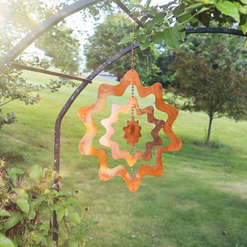 Hanging Sunburst Triple Spinner, Garden Wind Spinner, Outdoor Decor, Metal Sunburst Wind Sculpture, Patio Yard Art, Colorful Garden Decor