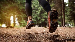Feet of ultra marathon runner in forest