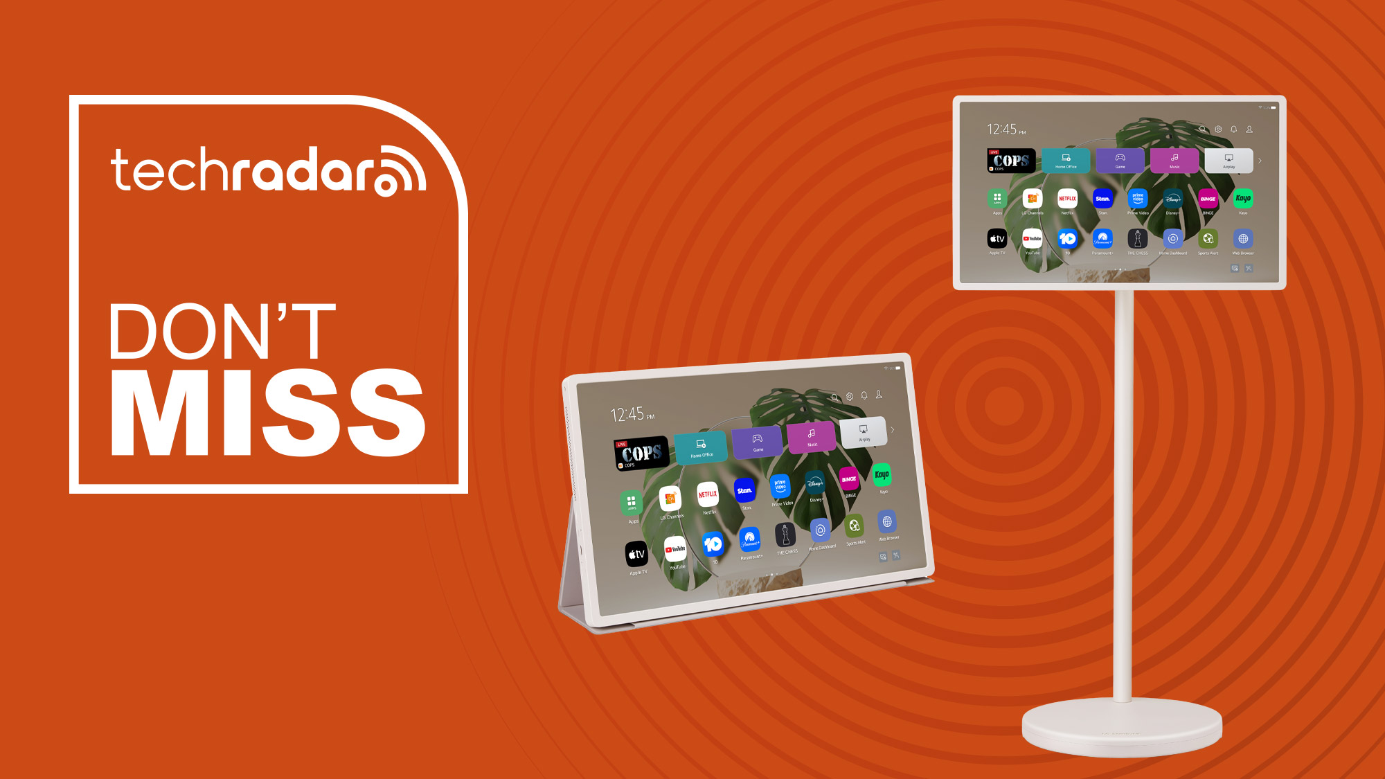 LG StanByME 2 TV in two positions on an orange background