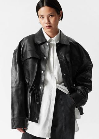 Drawstring-Waist Leather Jacket