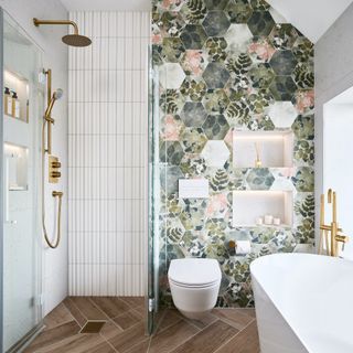 bathroom with botanical wall tiles and bath and shower