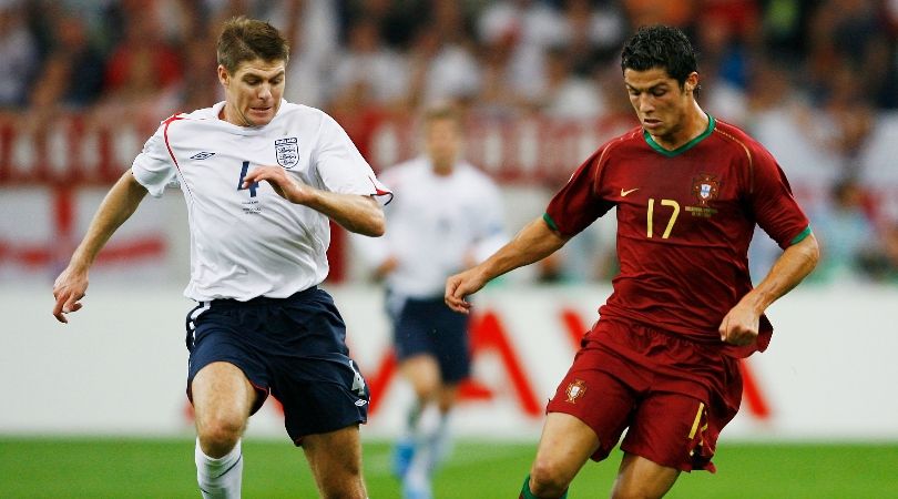 Steven Gerrard challenges Cristiano Ronaldo in England&#039;s Euro 2004 quarter-final against Portugal.