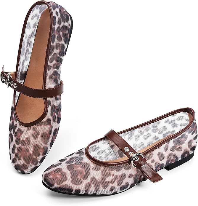 StillFancxy, Leopard Flats for Women Mesh Ballet Flats Mary Jane Animal Print Shoes Slip on Casual Breathable Ballerina Flats