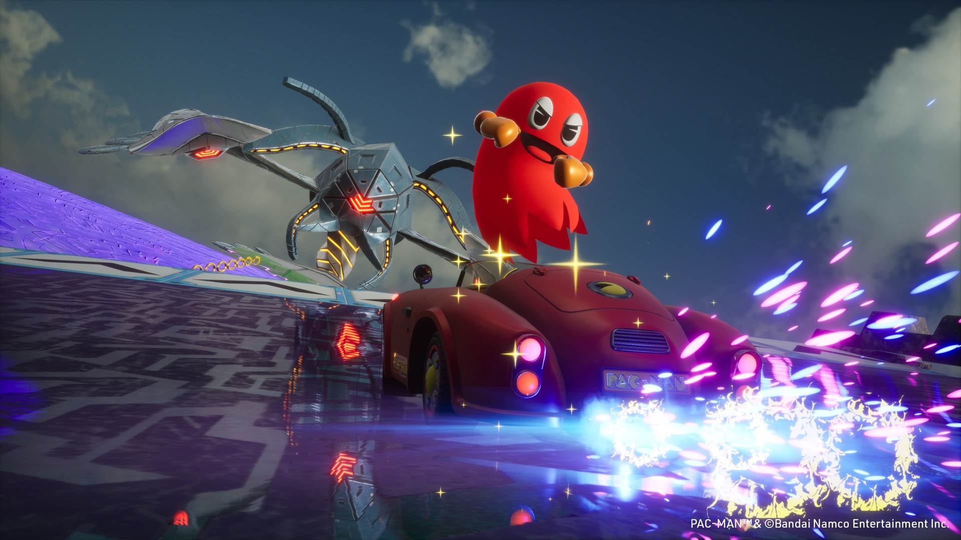 In the Kronos track, the red ghost pops a trick in a red car while on an aerial purple track in Sonic Racing: CrossWorlds