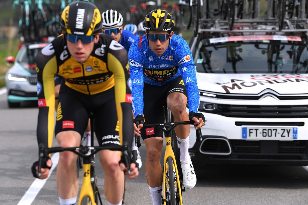 CHIUSDINO ITALY MARCH 11 Wout Van Aert of Belgium and Team Jumbo Visma Blue Leader Jersey during the 56th TirrenoAdriatico 2021 Stage 2 a 202km stage from Camaiore to Chiusdino 522m TirrenoAdriatico on March 11 2021 in Chiusdino Italy Photo by Tim de WaeleGetty Images