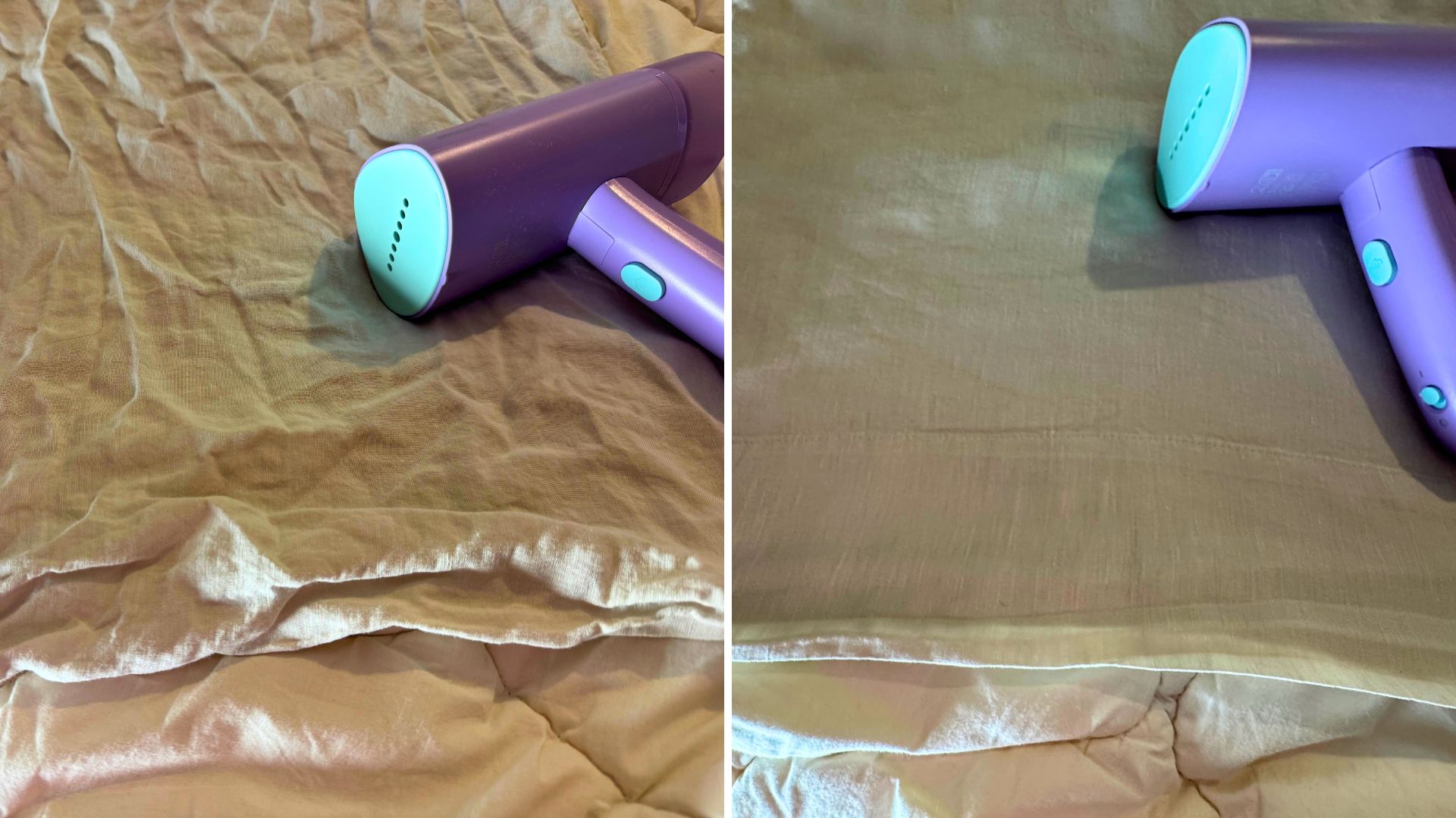 A before and after shot showing how well the Philips clothes steamer worked on a wrinkled linen pillowcase