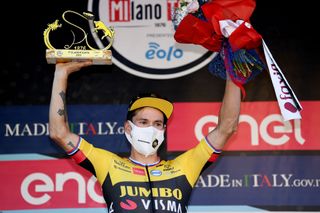 Primož Roglič of Jumbo-Visma celebrates winning Milano-Torino