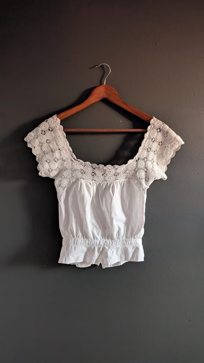 Edwardian Vintage Crochet Off White Ecru Collar Lace Camisole Neck Garment Corset Cover