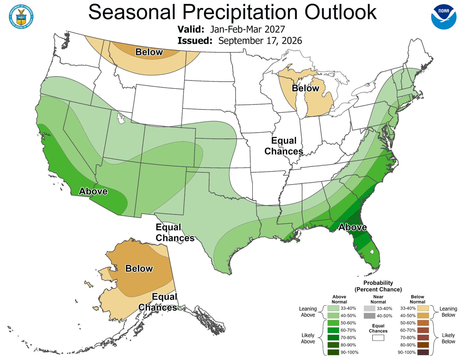 Map of the United States showing precipitation forecasts for winter 2027.