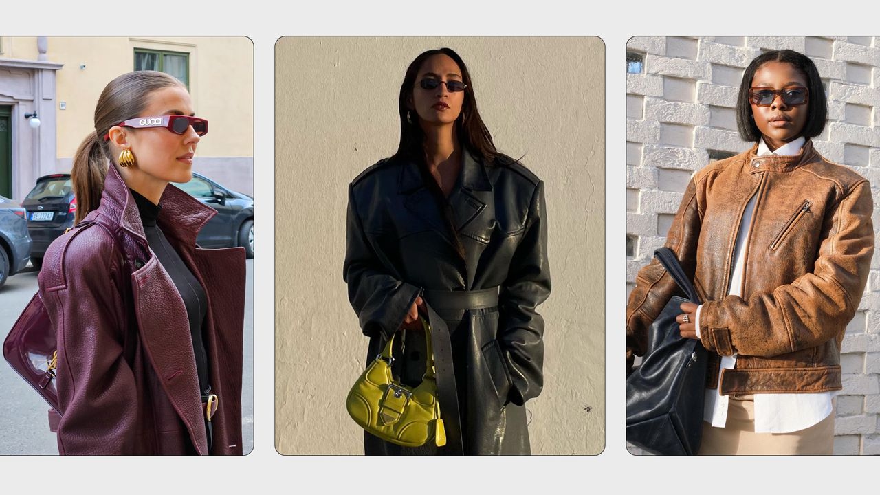 A collage of fall leather jacket outfits shown on women.