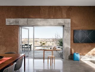 Inside looking out at minimalist house in Marfa