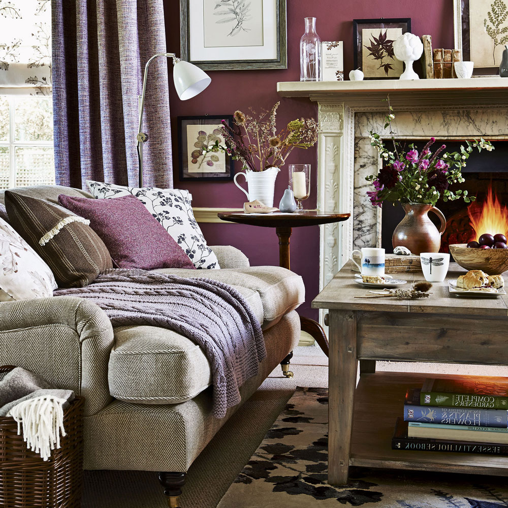 living room with marble fireplace