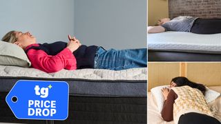 Composite image showing Tom's Guide testers with the Helix Midnight Luxe mattress, Helix ErgoAlign topper and Coop Original Adjustable Pillow, with a badge overlaid saying "PRICE DROP"