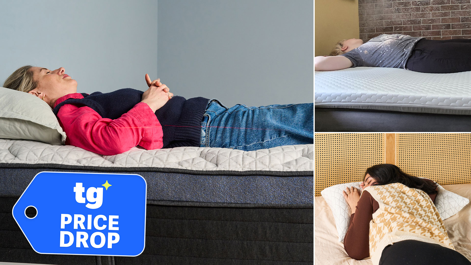 Composite image showing Tom's Guide testers with the Helix Midnight Luxe mattress, Helix ErgoAlign topper and Coop Original Adjustable Pillow, with a badge overlaid saying "PRICE DROP"