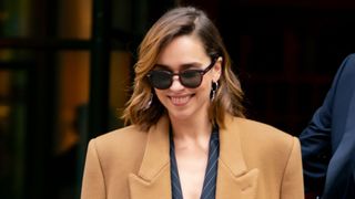emilia clarke on the street with a bob hairstyle