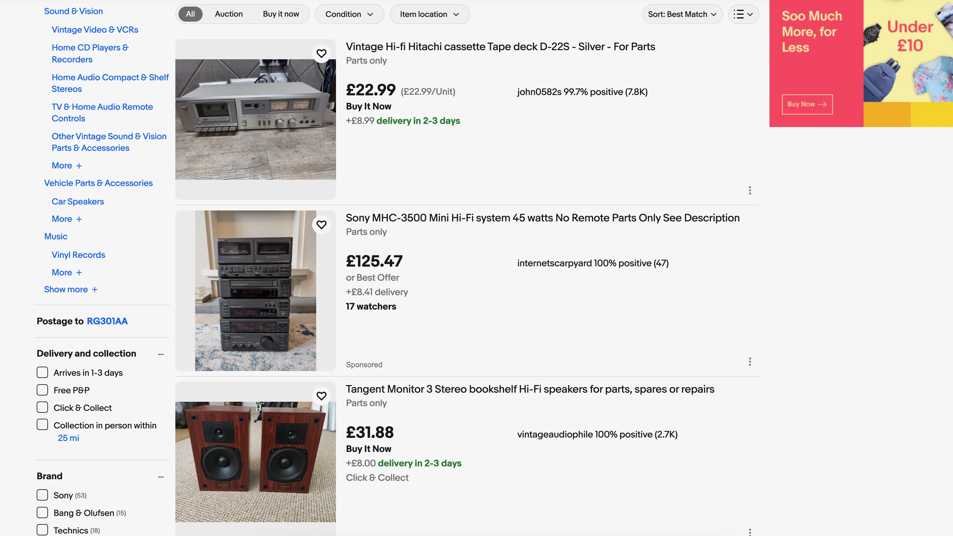 eBay webpage listing showing hi-fi items for sale