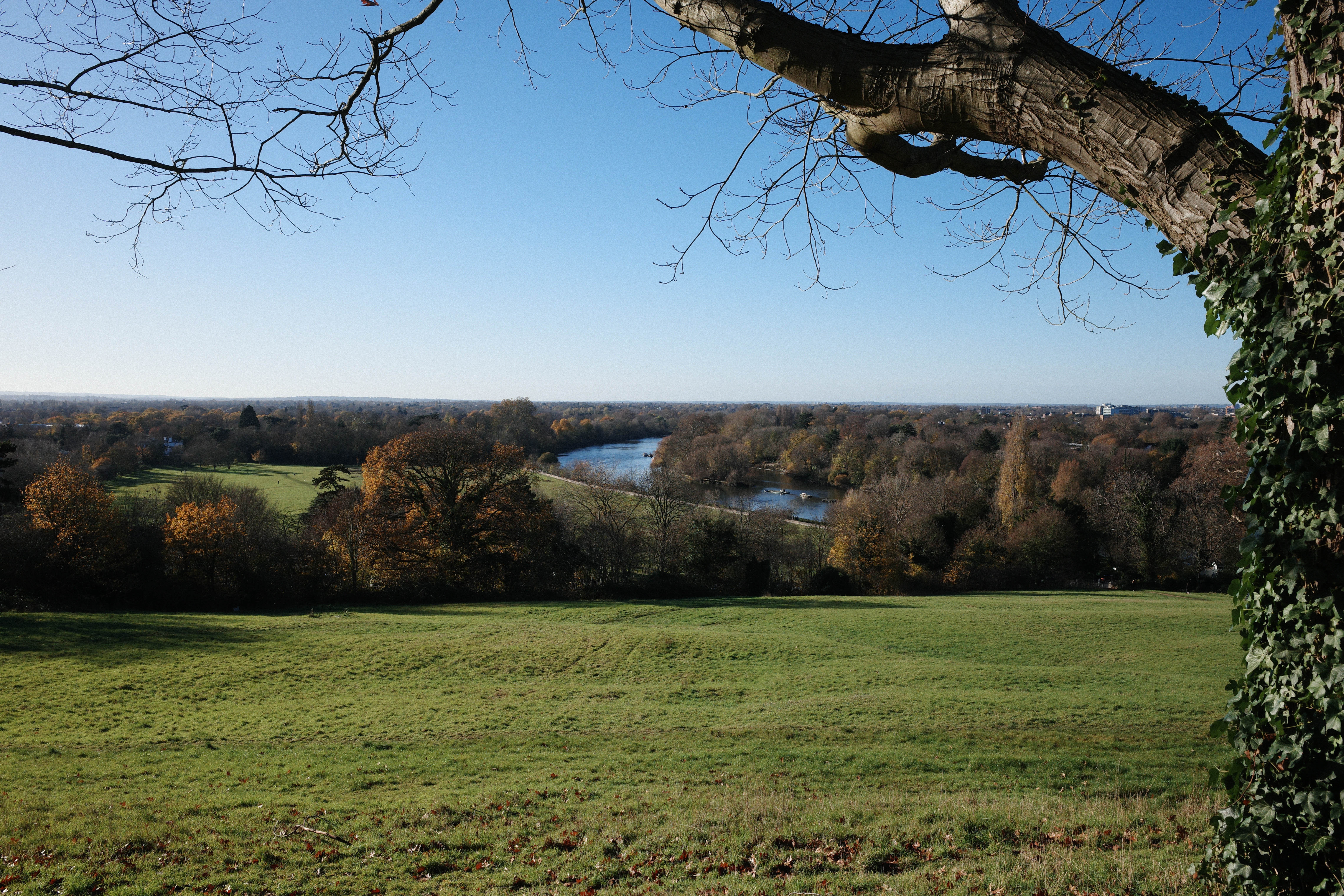 View across a wide field with a river in the distance