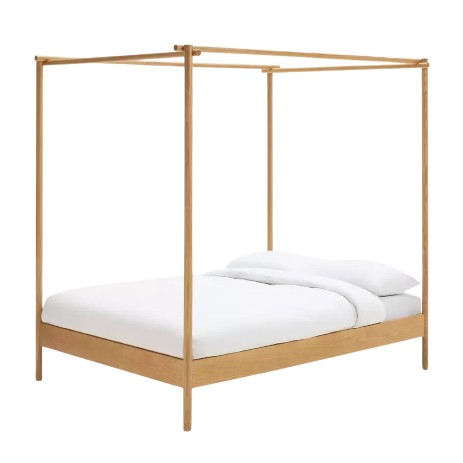 A wooden four poster canopy bed frame