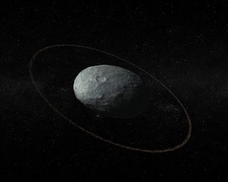 Haumea looks like the perfect skipping stone in this artist's depiction of the dwarf planet, complete with its newly discovered rings.
