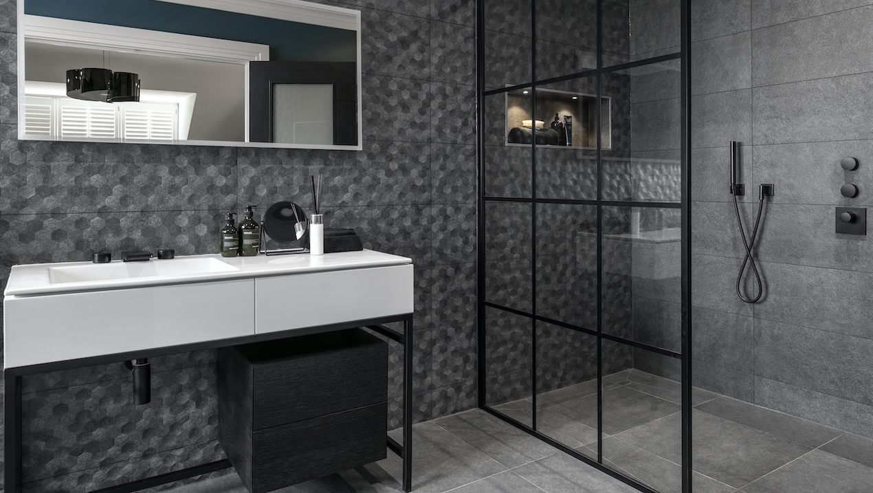 monochrome wet room bathroom with crittal style wet room shower screen and modern white basin
