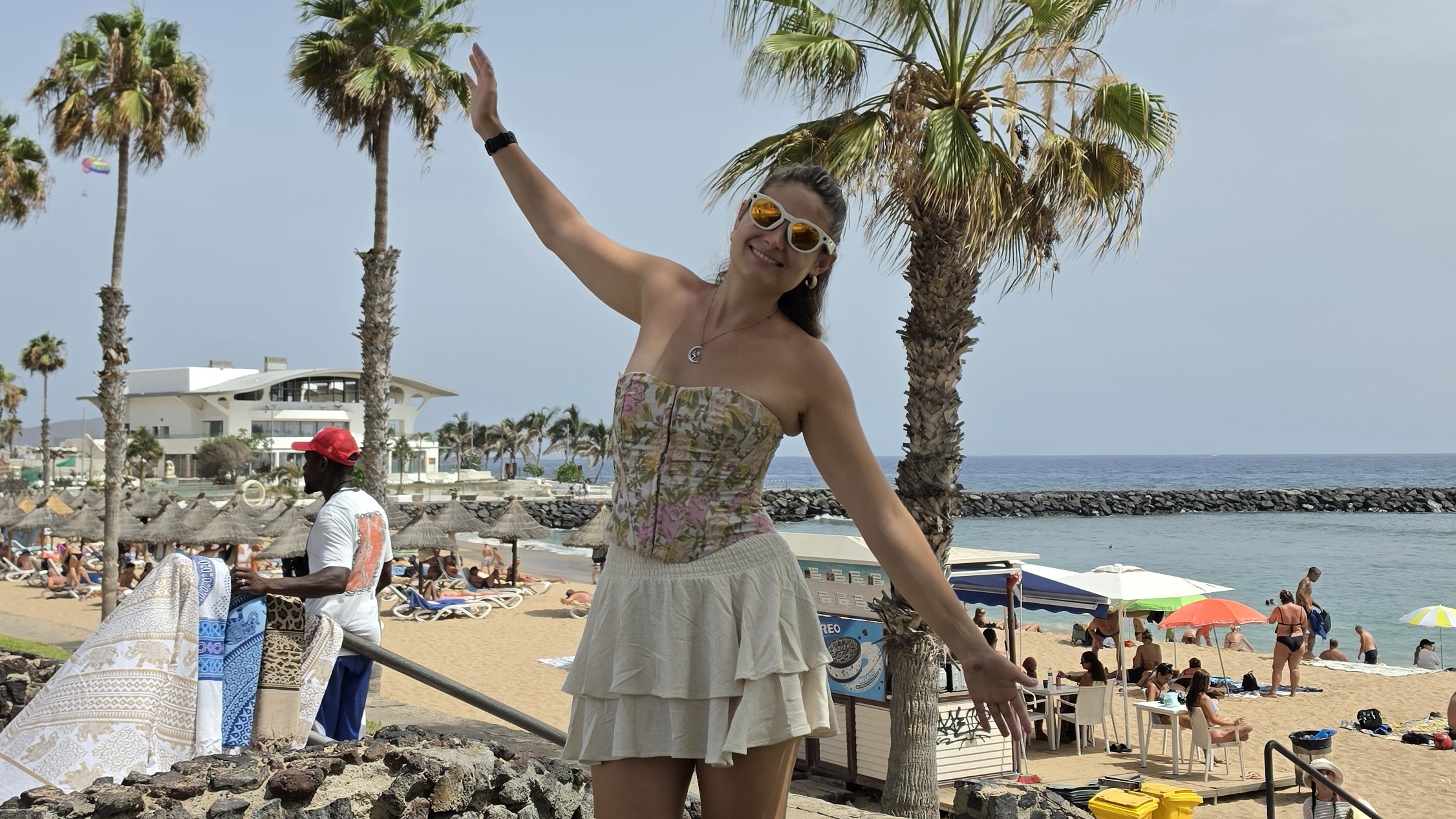 Izzy wearing Oakley Meta HSTN glasses at the beach Tenerife