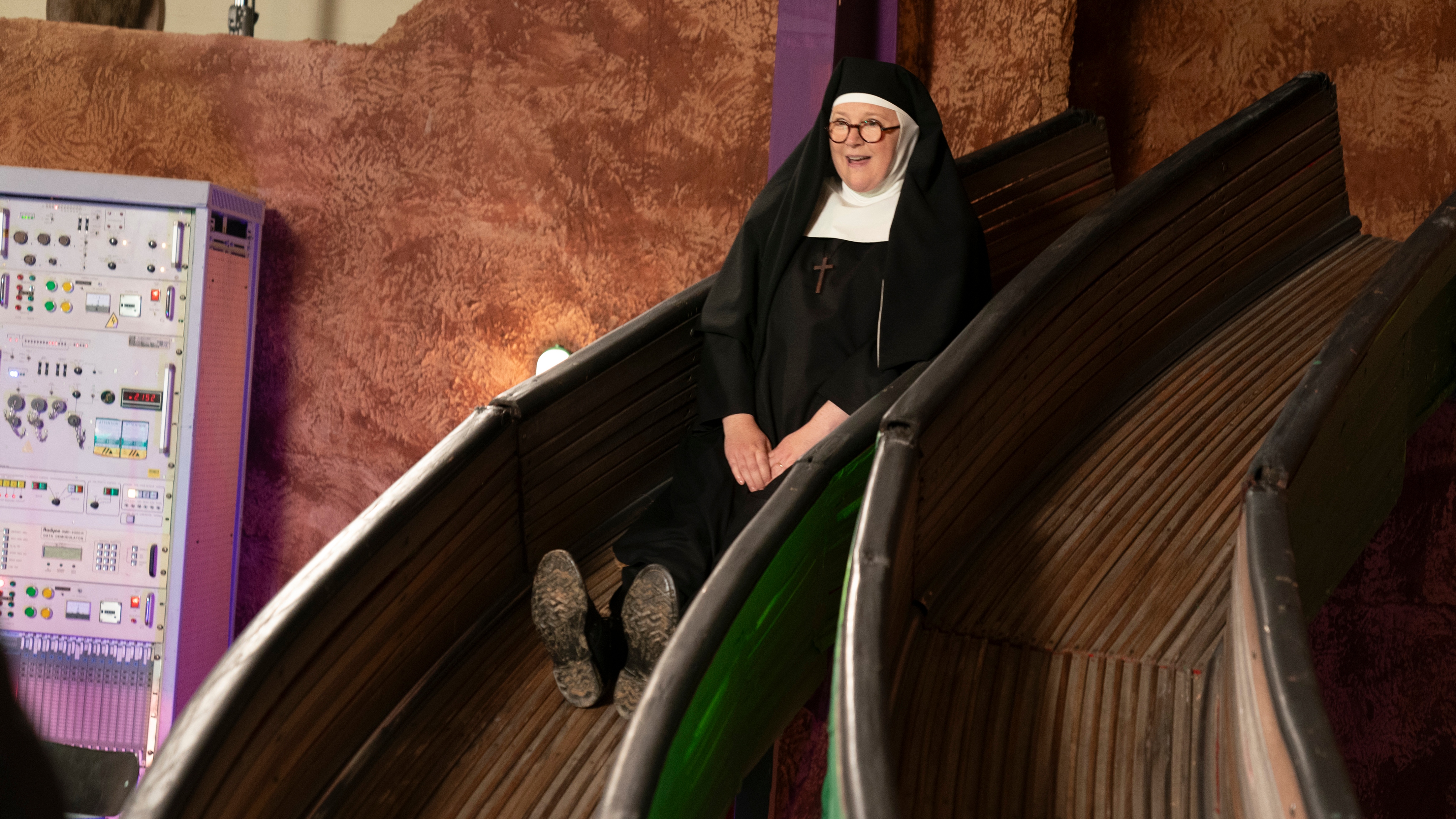 Sister Boniface on a slide that goes into Foxman&#039;s Fox Cave