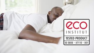 A man sleeping comfortably in bed, with an eco-INSTiTUT label (right)