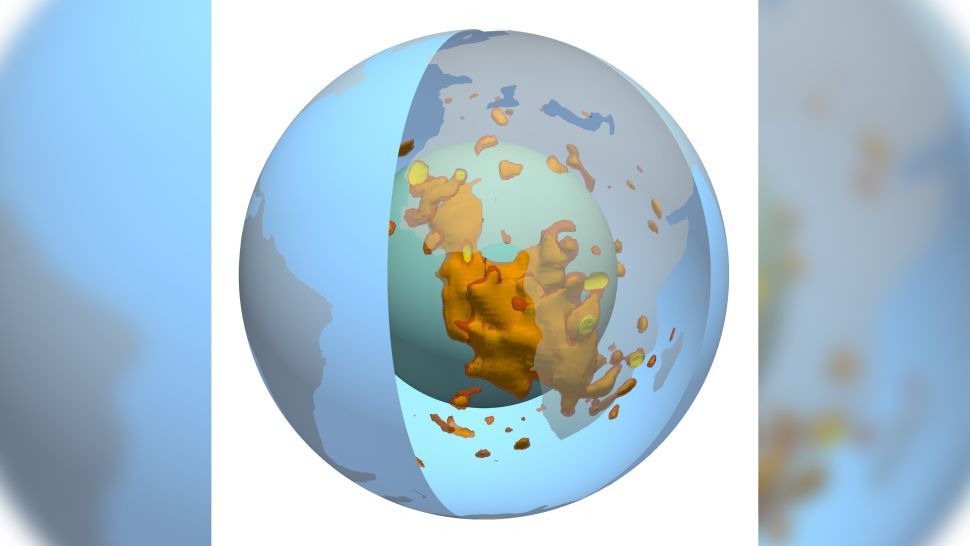 A 3D view of the blob in Earth&#039;s mantle beneath Africa, shown in red, yellow and orange. The cyan represents the core-mantle boundary, blue signifies the surface and transparent gray indicates continents.