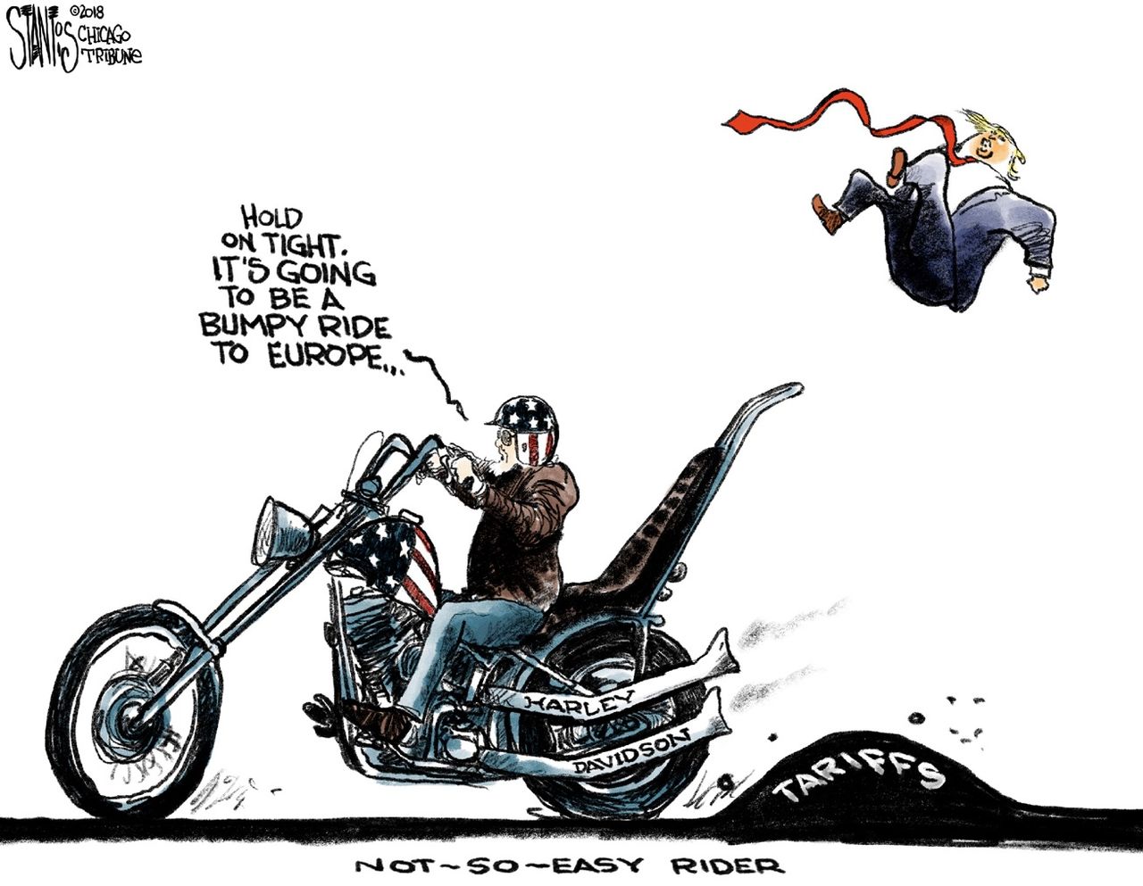 Political cartoon U.S. Harley-Davidson motorcycles Trump tariffs trade war