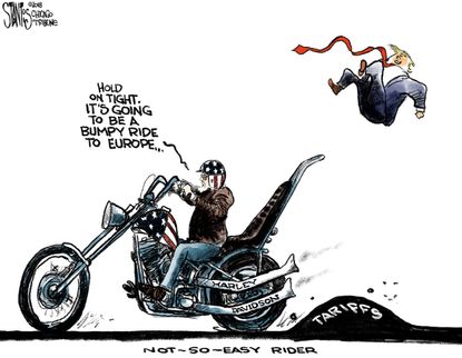 Political cartoon U.S. Harley-Davidson motorcycles Trump tariffs trade war