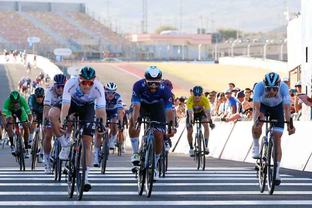 SAN JUAN ARGENTINA JANUARY 24 LR Sam Bennett of Ireland and Team Bora Hansgrohe White Leader Jersey Fernando Gaviria of Colombia and Movistar Team and Maximiliano Richeze of Argentina and Team Argentina cross the finish line during the 39th Vuelta a San Juan International 2023 Stage 3 a 1709km stage from Circuito San Juan Villicum to Circuito San Juan Villicum VueltaSJ2023 on January 24 2023 in San Juan Argentina Photo by Maximiliano BlancoGetty Images