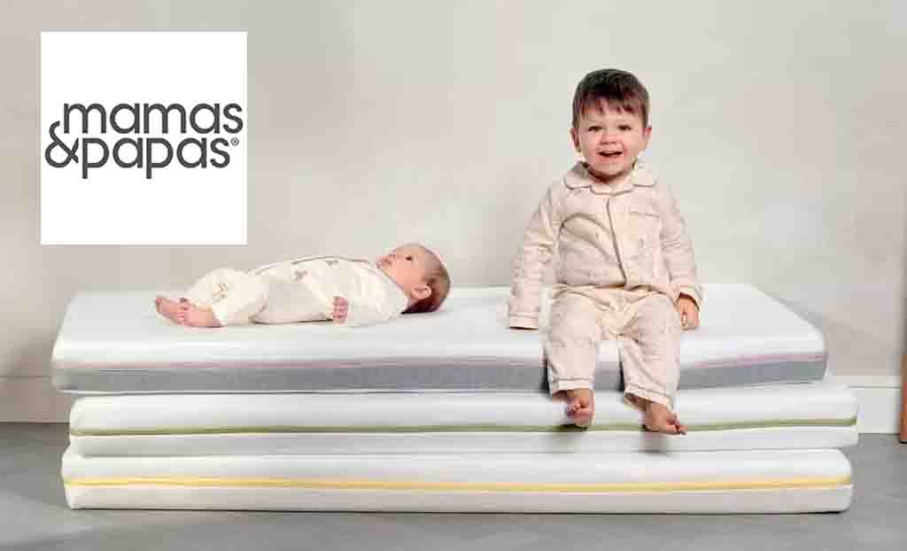 Mamas and Papas logo top left with a picture of a young child and baby on 3 mattresses