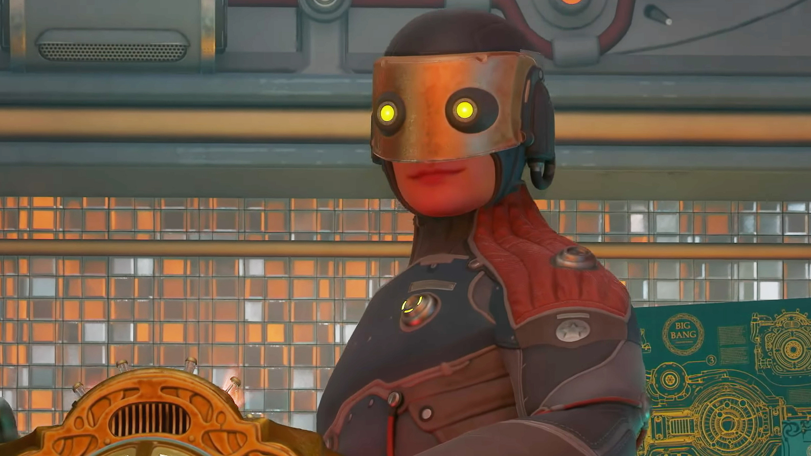 A person in sci-fi armor and a mask smiling