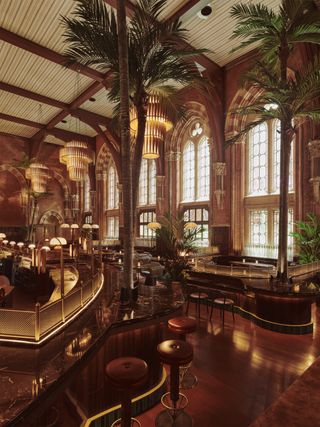 Overlooking the restaurant featuring large floor to ceiling arch windows, floor to ceiling plants, tables and chairs, a bar area.