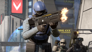 A SEAF trooper in Helldivers 2 advances fearlessly towards an enemy while firing their gun.