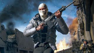 Black Ops 6 best loadouts - a man in a white balaclava is holding an assault rifle with smoke and debris around him