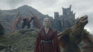 Rhaenyra Targaryen on Dragonstone with three dragons