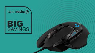 Logitech G502 Hero on green background with concentric circles and box in top-left corner with techradar logo and text reading 'big savings'