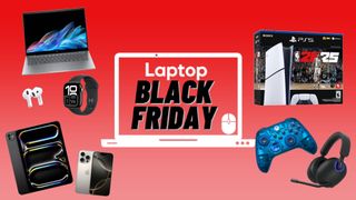 Black Friday deals with a laptop, iPad Pro, iPhone 16, AirPods, NBA 2K25 PS5 bundle, Xbox controller and Sony gaming headset against a red gradient background