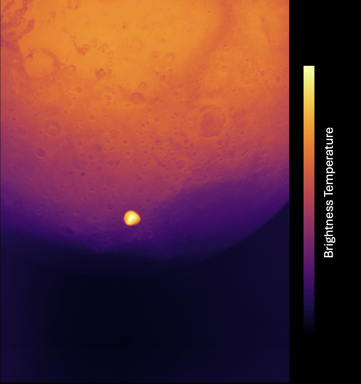 a thermal image showing a bright yellow speck against an orange-and-purple orb in the background