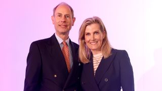 Prince Edward and Sophie, Duchess of Edinburgh smile as he's about to cut his 60th Birthday cake, during the Community Sport and Recreation Awards 2024