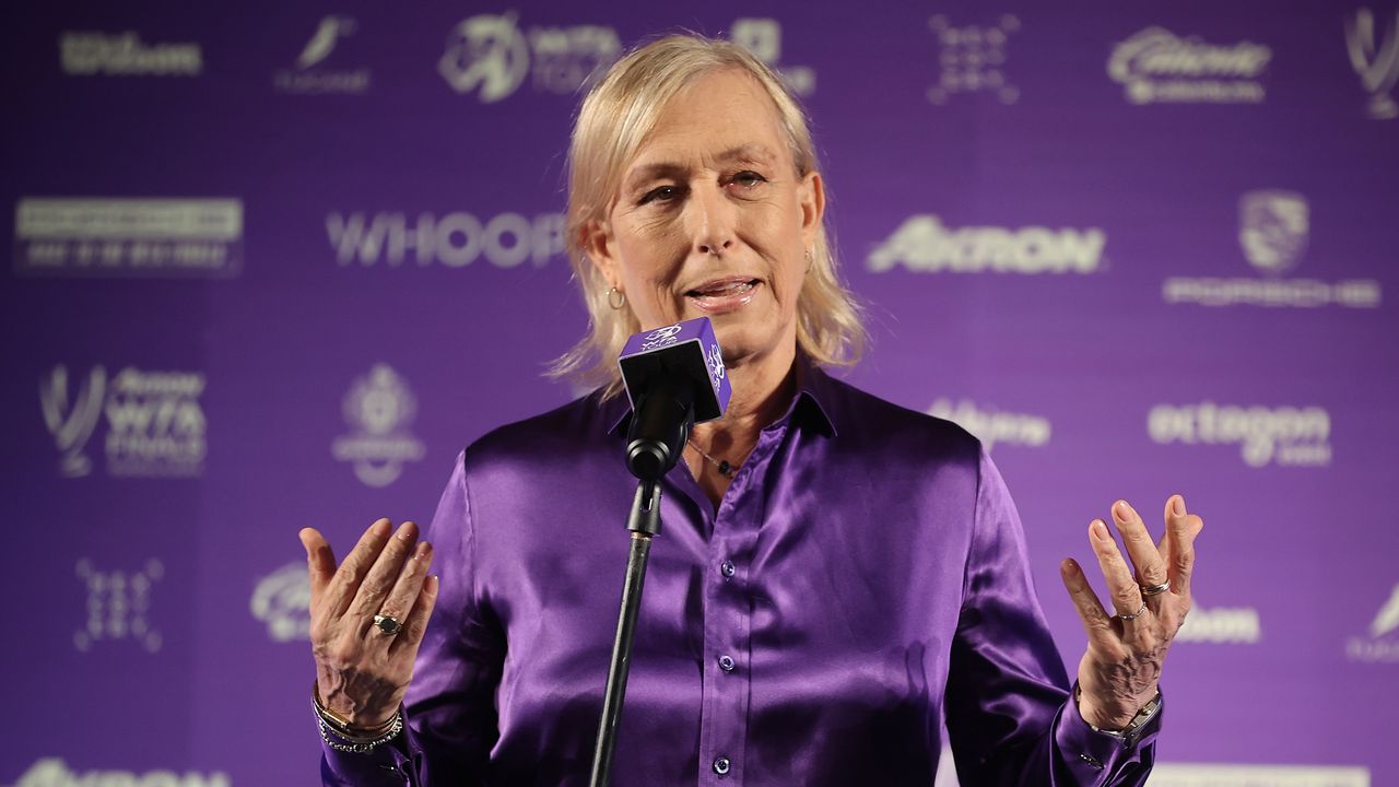 Martina Navratilova pictured at a microphone