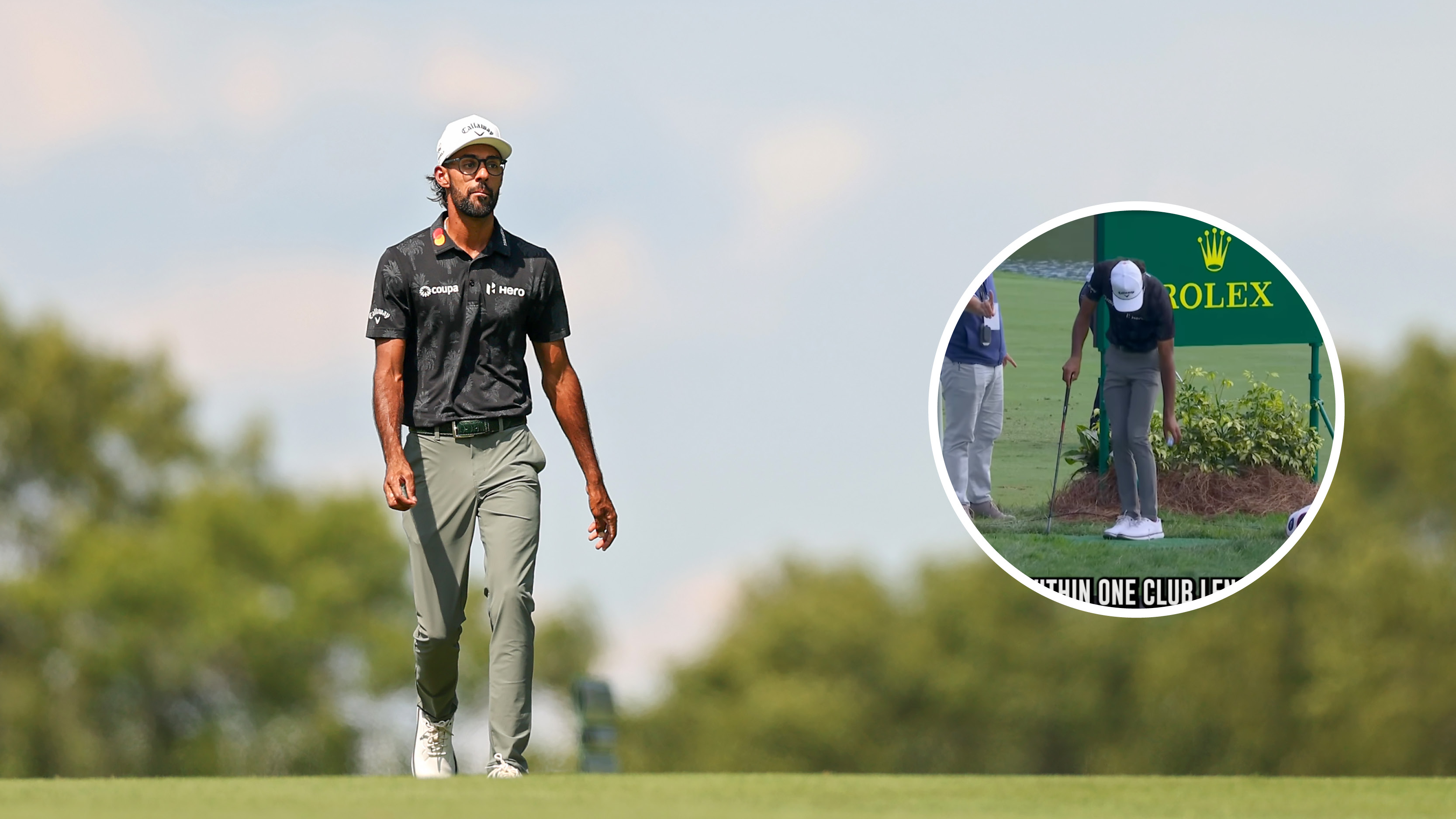 Main image is Akshay Bhatia walking down the 14th fairway at TPC River Highlands during round one of the 2026 Travelers Championship - inset photo of Bhatia taking a drop on an artificial mat (right)