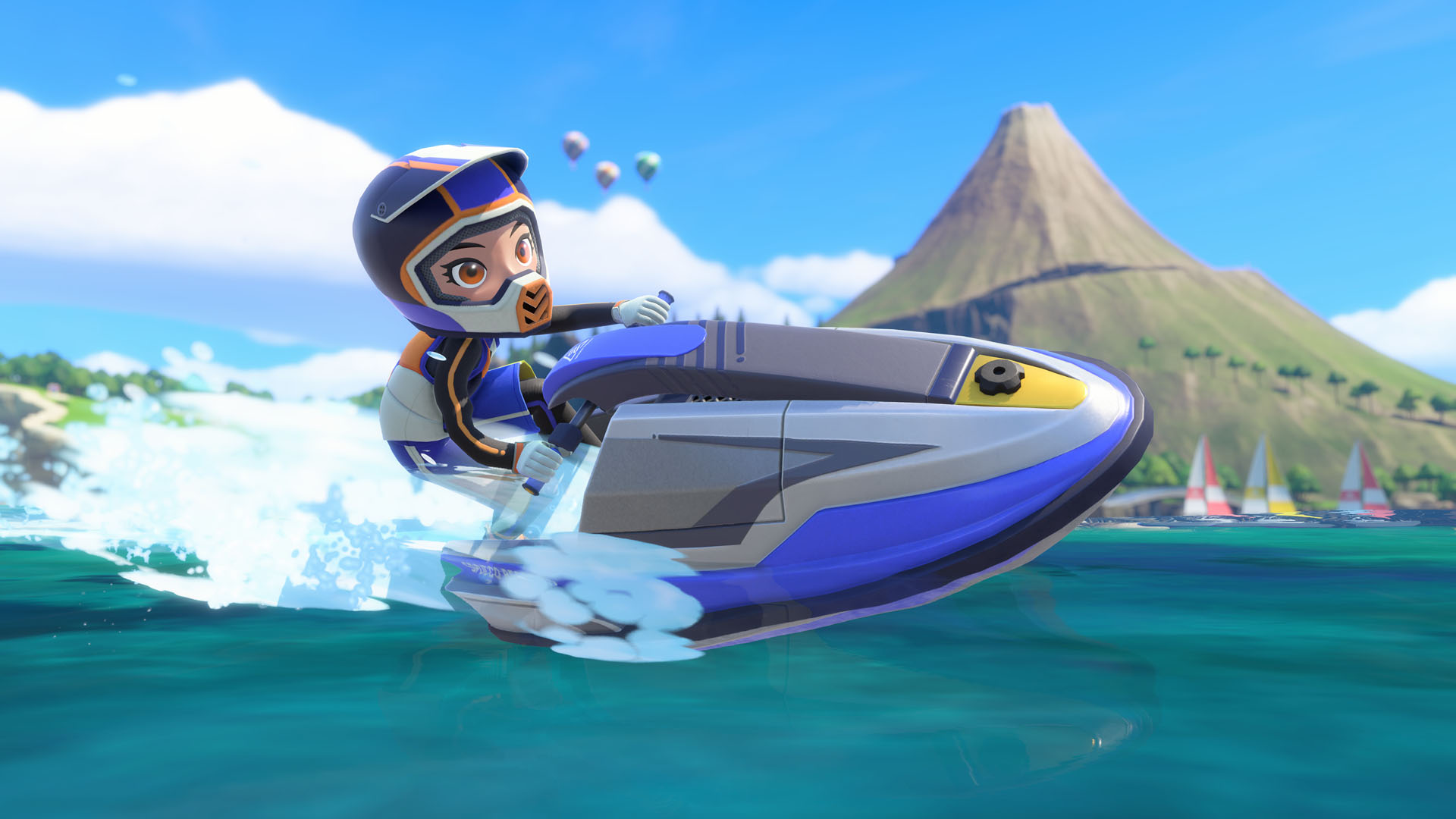 The player leans into a turn on a jetski in Nintendo Switch Sports Resort, with Wuhu Island behind them
