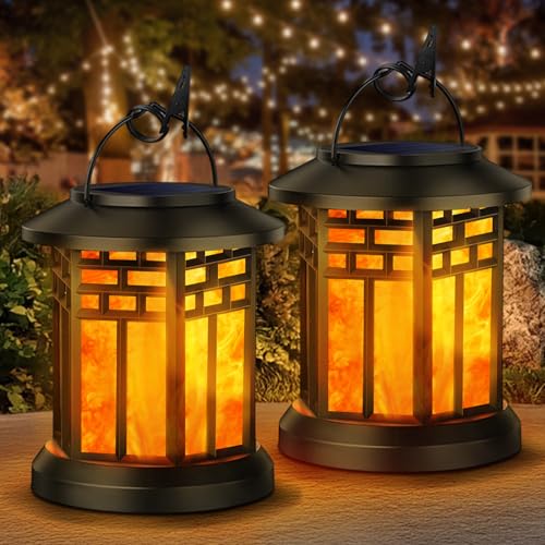 Kalahol Solar Lanterns, Led Hanging Solar Garden Lanterns, Realistic Flickering Flame, Waterproof Decorative Garden Ornaments for Pathway, Patio, Table, Outdoor (2 Pack) : Amazon.co.uk: Lighting