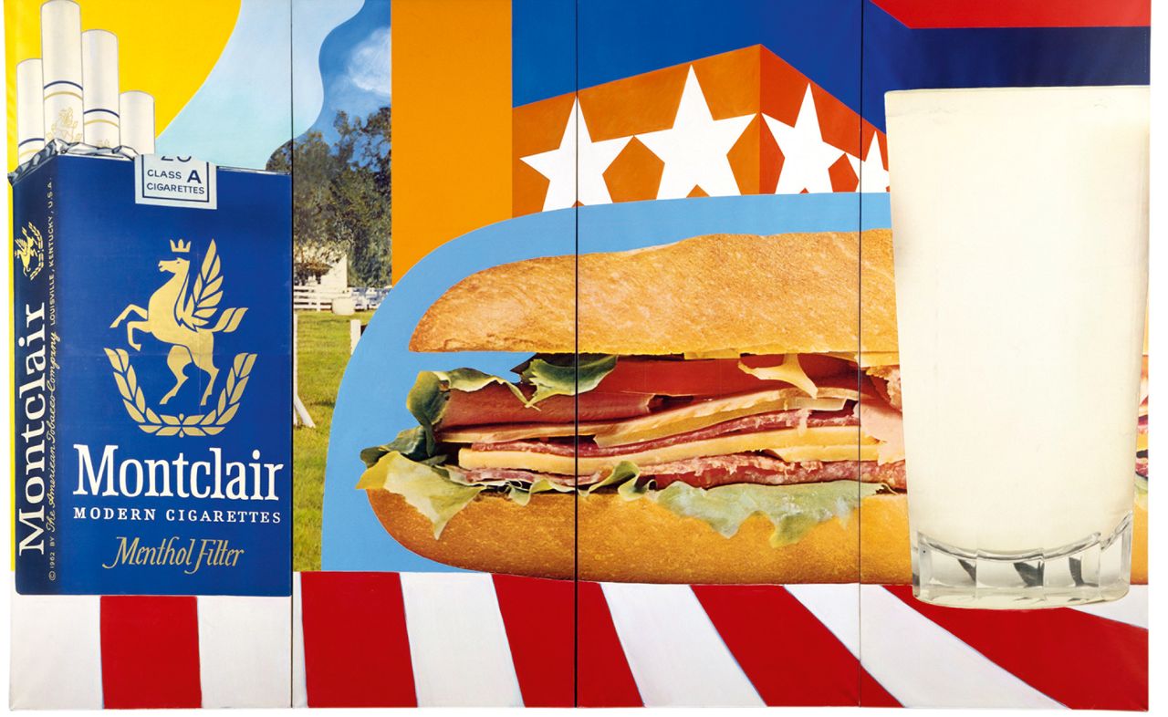 Collage of cigarettes, sandwich and milk by Tom Wesselmann