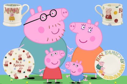 Peppa Pig and family with items from the Emma Bridgewater x Peppa Pig collection overlaid around them