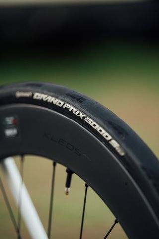 A continental GP5000 tyre mounted to a Miche wheel